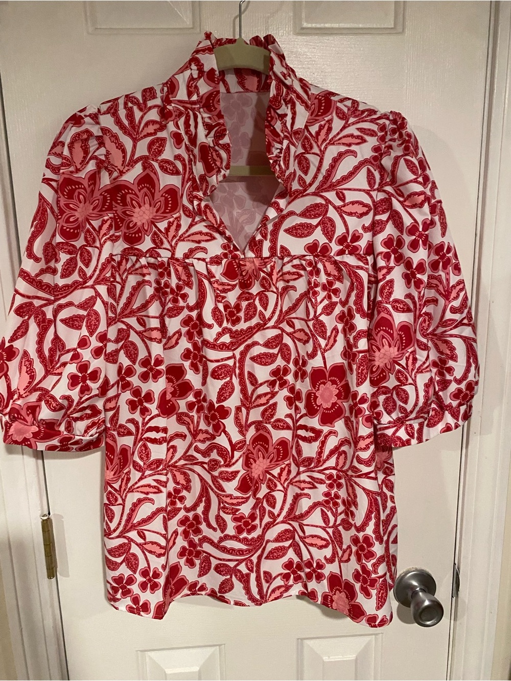 SHEIN Red Floral Puff-Sleeve Tunic Top